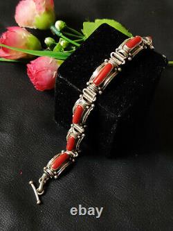 Vintage Sterling Silver Natural Red Coral Cuff Bangle Bracelet Vintage jewelry