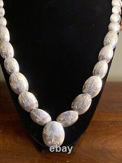 Vintage Sterling Silver Navajo Pillow Bead Necklace & Earring Set