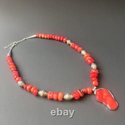 Vintage Sterling Silver & Red Coral Bead Necklace Native American Style Jewelry