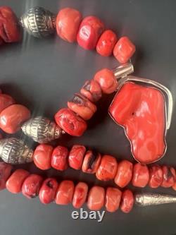 Vintage Sterling Silver & Red Coral Bead Necklace Native American Style Jewelry