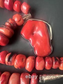 Vintage Sterling Silver & Red Coral Bead Necklace Native American Style Jewelry