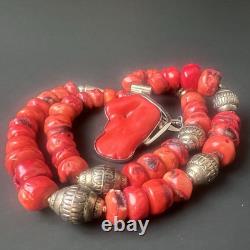 Vintage Sterling Silver & Red Coral Bead Necklace Native American Style Jewelry