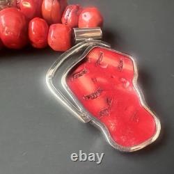Vintage Sterling Silver & Red Coral Bead Necklace Native American Style Jewelry