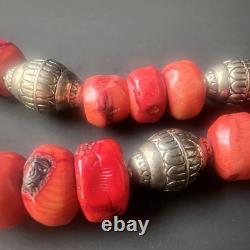 Vintage Sterling Silver & Red Coral Bead Necklace Native American Style Jewelry