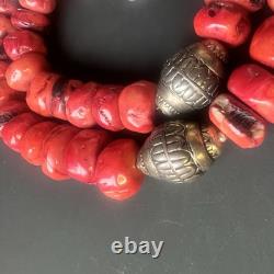 Vintage Sterling Silver & Red Coral Bead Necklace Native American Style Jewelry