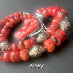 Vintage Sterling Silver & Red Coral Bead Necklace Native American Style Jewelry