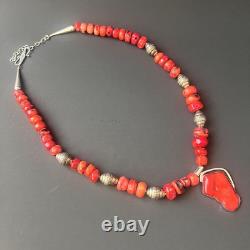 Vintage Sterling Silver & Red Coral Bead Necklace Native American Style Jewelry