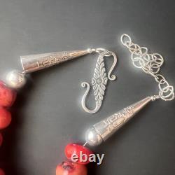 Vintage Sterling Silver & Red Coral Bead Necklace Native American Style Jewelry