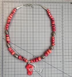 Vintage Sterling Silver & Red Coral Bead Necklace Native American Style Jewelry