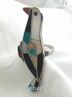 Vintage Sterling Silver Ring Bird Coral Turquoise MOP Size 8 Southwest Tribal