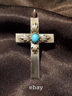 Vintage Sterling Silver Turquoise Cross Pendant Signed Kay Yazzie Navajo Large