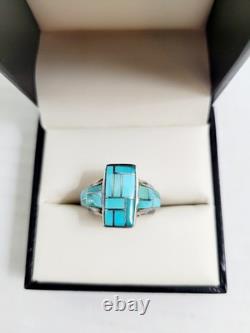 Vintage Sterling Silver Turquoise Inlay Ring Native American Size 8