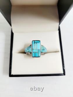 Vintage Sterling Silver Turquoise Inlay Ring Native American Size 8