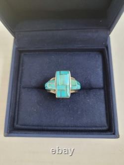 Vintage Sterling Silver Turquoise Inlay Ring Native American Size 8
