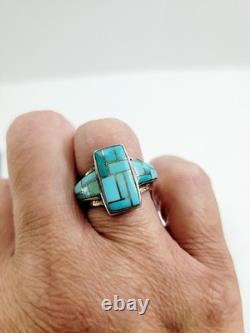 Vintage Sterling Silver Turquoise Inlay Ring Native American Size 8