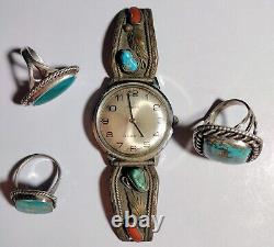 Vintage Sterling Silver Turquoise Jewelry Native American Indian Rings and Watch