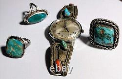 Vintage Sterling Silver Turquoise Jewelry Native American Indian Rings and Watch