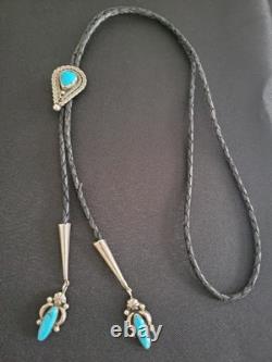 Vintage Sterling Silver, Turquoise Leather Cord Bolo Tie Mexico 925
