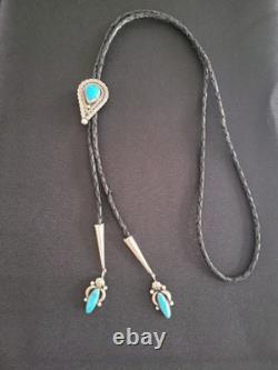 Vintage Sterling Silver, Turquoise Leather Cord Bolo Tie Mexico 925
