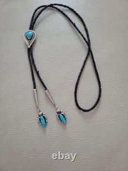 Vintage Sterling Silver, Turquoise Leather Cord Bolo Tie Mexico 925