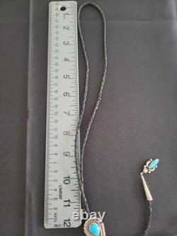 Vintage Sterling Silver, Turquoise Leather Cord Bolo Tie Mexico 925