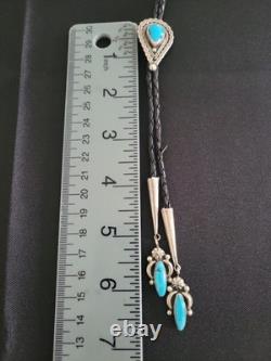 Vintage Sterling Silver, Turquoise Leather Cord Bolo Tie Mexico 925