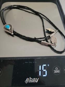 Vintage Sterling Silver, Turquoise Leather Cord Bolo Tie Mexico 925