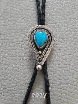 Vintage Sterling Silver, Turquoise Leather Cord Bolo Tie Mexico 925