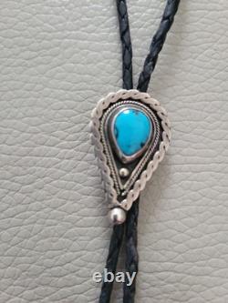 Vintage Sterling Silver, Turquoise Leather Cord Bolo Tie Mexico 925