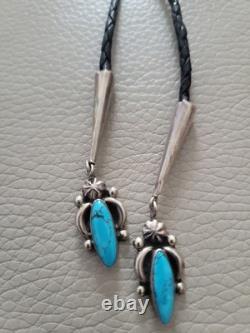 Vintage Sterling Silver, Turquoise Leather Cord Bolo Tie Mexico 925