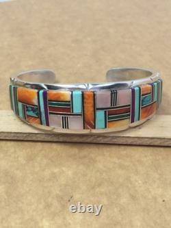 Vintage Sterling Silver Zuni Stone Inlay Turquoise Cuff Bracelet 6.5 Spiny Oy