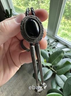 Vintage Sterling Silver and Onyx Stone Native Bolo Tie