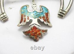 Vintage Sterling Thunderbird Turquoise & Coral Squash Blossom Necklace 88.5g M73