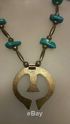 Vintage Sterling Turquoise Nugget sand cast NAJA Squash Blossom Navajo Necklace