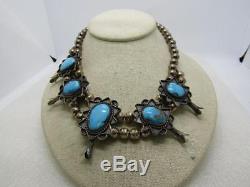 Vintage Sterling Turquoise Squash Blossom Necklace, 16, 70.95gr, Native America
