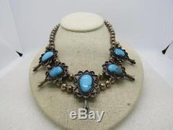 Vintage Sterling Turquoise Squash Blossom Necklace, 16, 70.95gr, Native America