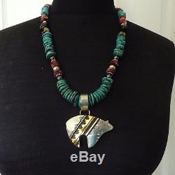 Vintage TOMMY SINGER Sterling Silver BEAR PENDANT & TURQUOISE Bead NECKLACE