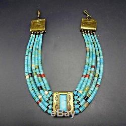 Vintage TONY AGUILAR SR Brass and TURQUOISE Collar NECKLACE Santo Domingo KEWA