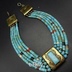 Vintage TONY AGUILAR SR Brass and TURQUOISE Collar NECKLACE Santo Domingo KEWA