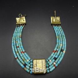 Vintage TONY AGUILAR SR Brass and TURQUOISE Collar NECKLACE Santo Domingo KEWA