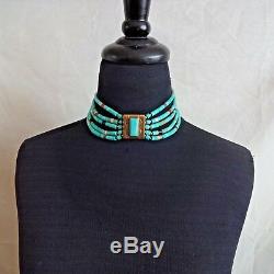 Vintage TONY AGUILAR SR Brass and TURQUOISE Collar NECKLACE Santo Domingo KEWA