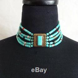 Vintage TONY AGUILAR SR Brass and TURQUOISE Collar NECKLACE Santo Domingo KEWA