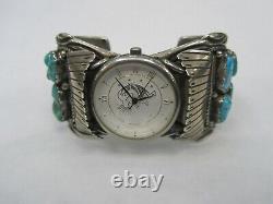 Vintage T Sterling Silver Signed Piece Indian Navajo Turquoise Watch Cuff