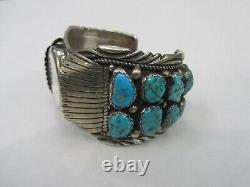 Vintage T Sterling Silver Signed Piece Indian Navajo Turquoise Watch Cuff