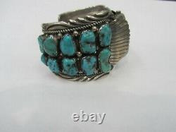 Vintage T Sterling Silver Signed Piece Indian Navajo Turquoise Watch Cuff