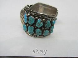 Vintage T Sterling Silver Signed Piece Indian Navajo Turquoise Watch Cuff