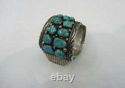 Vintage T Sterling Silver Signed Piece Indian Navajo Turquoise Watch Cuff