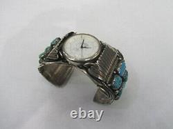 Vintage T Sterling Silver Signed Piece Indian Navajo Turquoise Watch Cuff