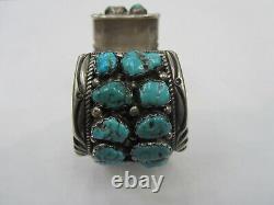 Vintage T Sterling Silver Signed Piece Indian Navajo Turquoise Watch Cuff