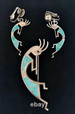 Vintage Tèmè Sunburst Handcrafts Sterling Kokopelli Pendant & Clip-On Earrings